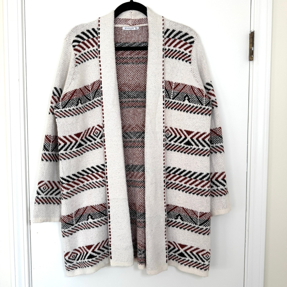 Staccato Womens Southwestern Geometric Open Front Cardigan Cream Burgundy L